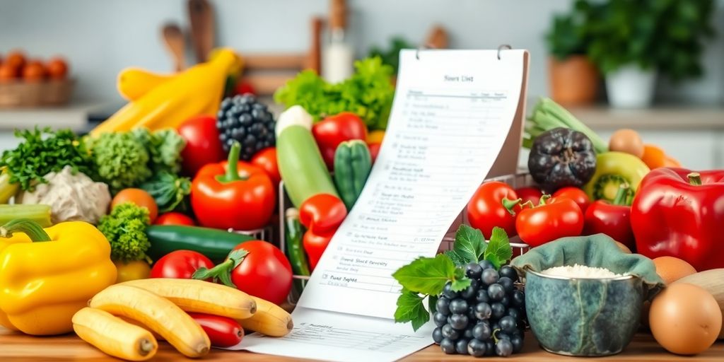 Einkaufsliste mit frischen Lebensmitteln auf einem Tisch.