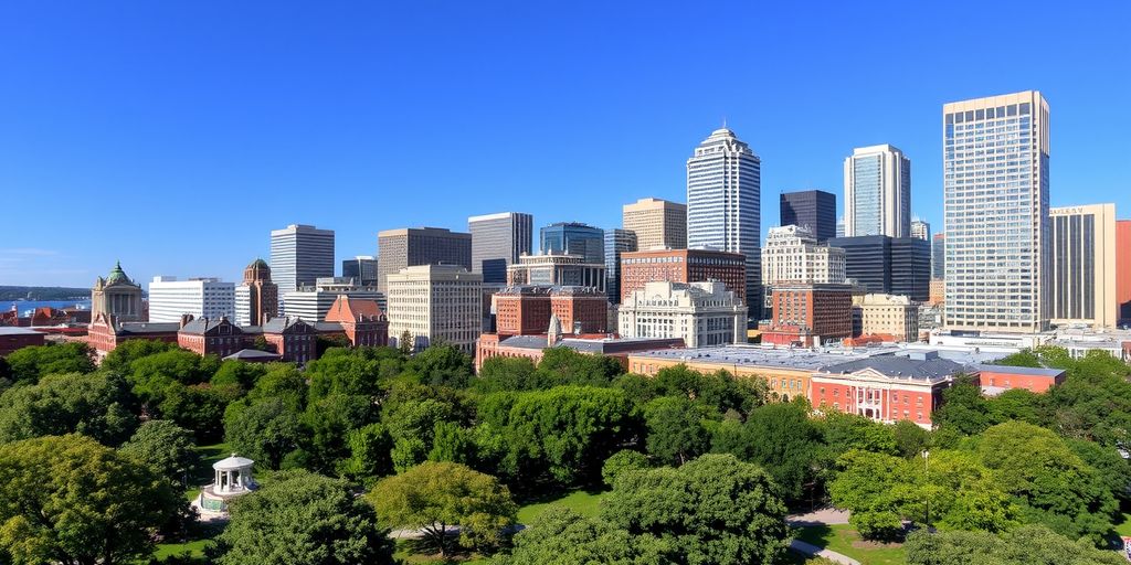 Vista da cidade de Boston com arranha-céus e parques