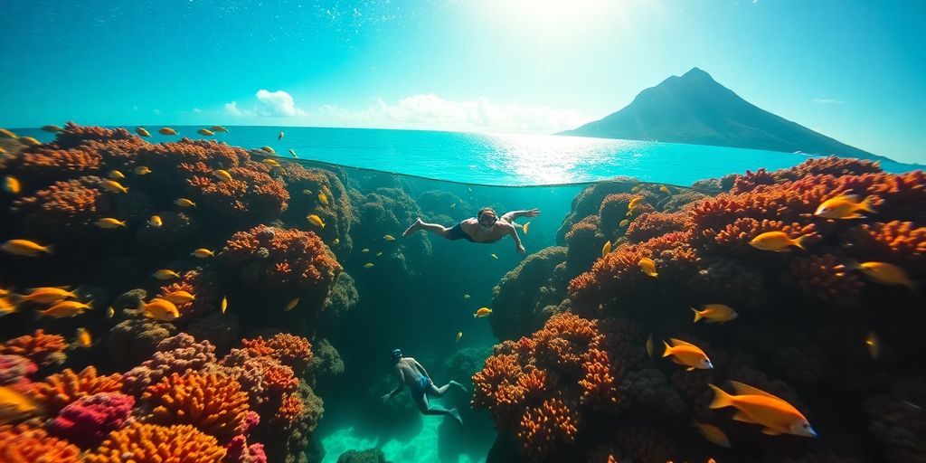 Snorkeler observes coral reef and tropical fish in Bora Bora.