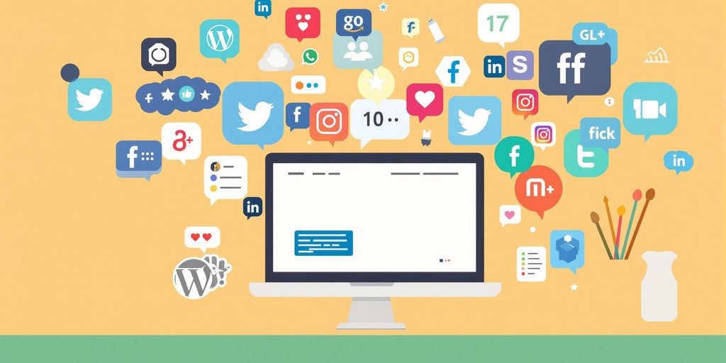 Sosiale medier ikoner og datamaskiner i arbeid.