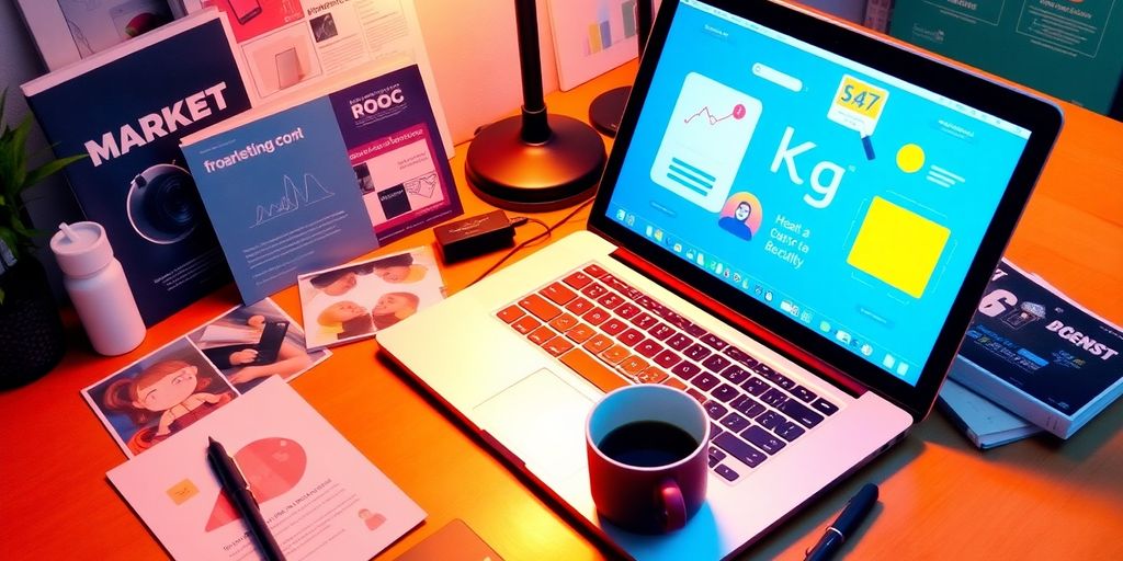 Laptop on desk with marketing materials and coffee cup.
