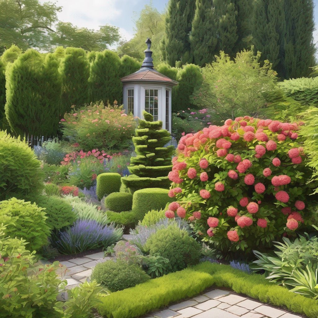 gardener pruning decorative shrub in beautiful garden