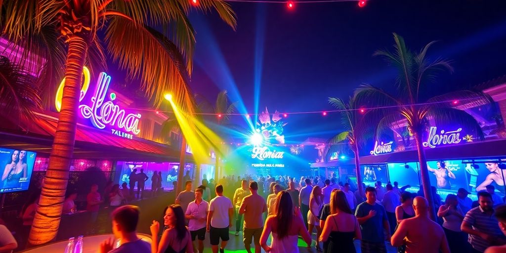 Vibrant nightlife in Florida with colorful lights and dancing.