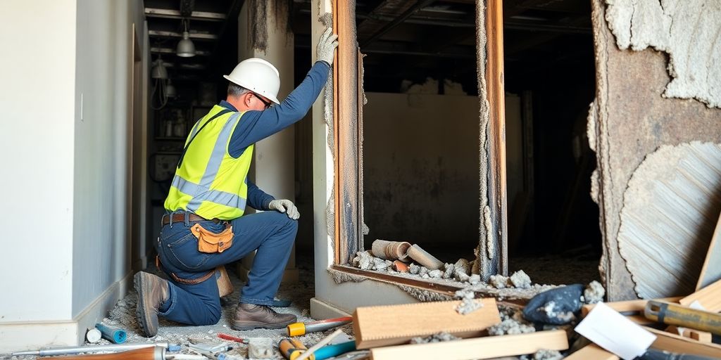 Construction worker repairing fire-damaged building structure.
