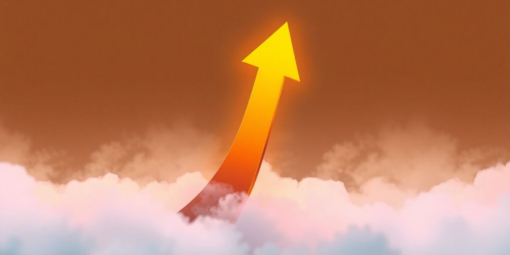 Golden arrow soaring upwards through clouds.