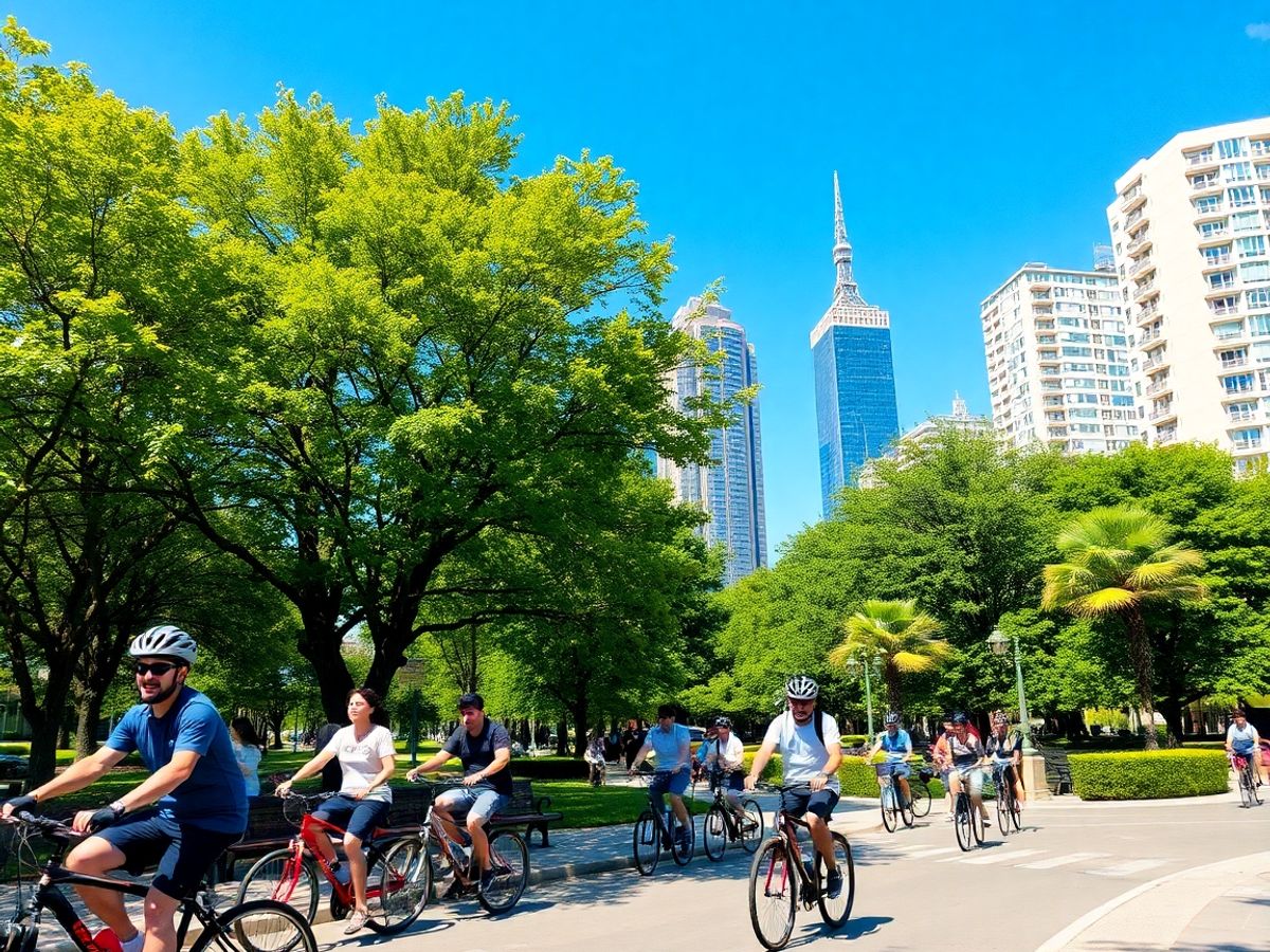 Ciclism urban, oameni pe biciclete, parcul plin de verde
