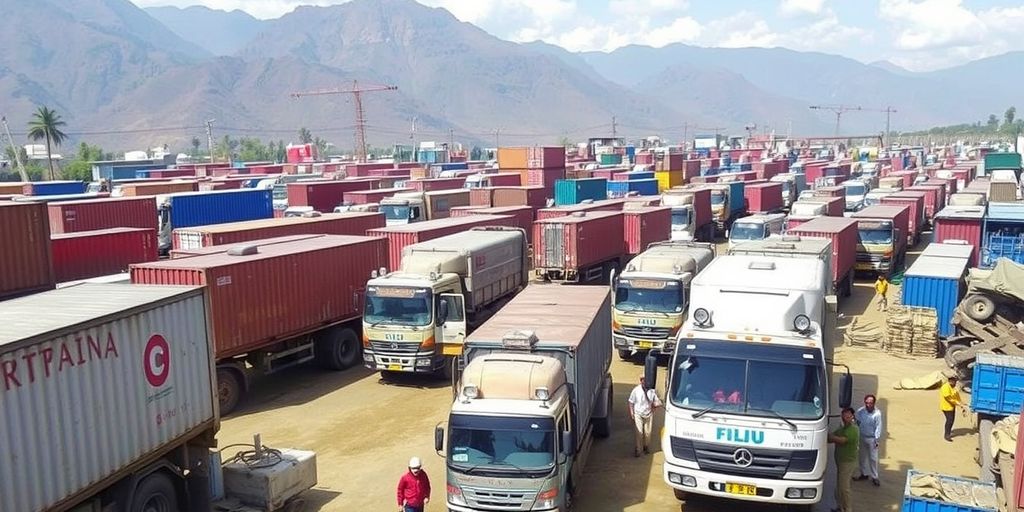 Logistics operations in Nepal with trucks and cargo.