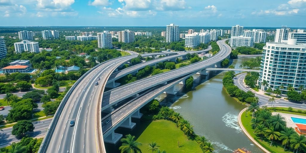 Aventura cityscape with resilient infrastructure during a flood.