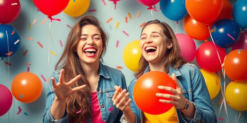 Two friends laughing with balloons and confetti around them.