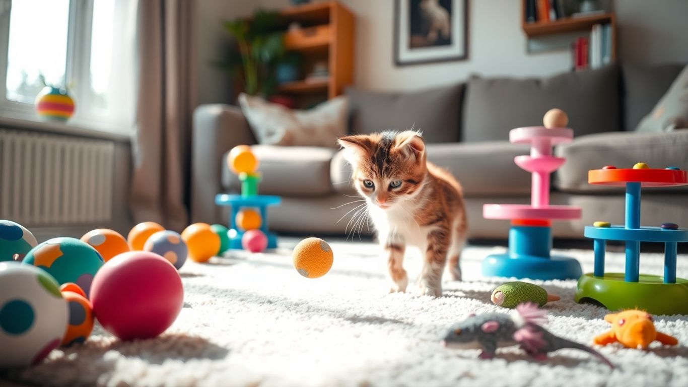 Kitten playing with colorful toys on a living room rug.