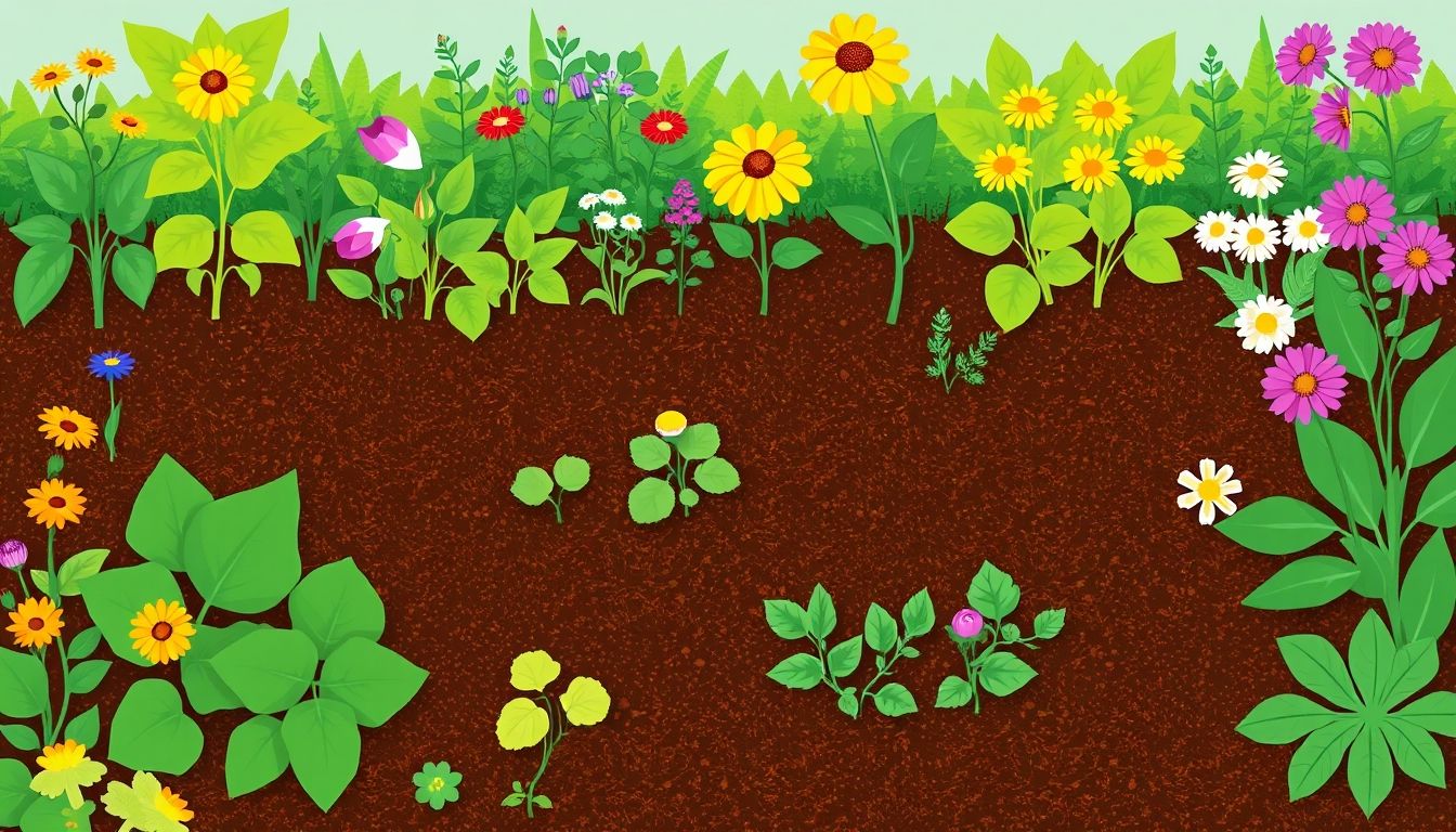 Lush garden with plants, flowers, and vegetable patch.