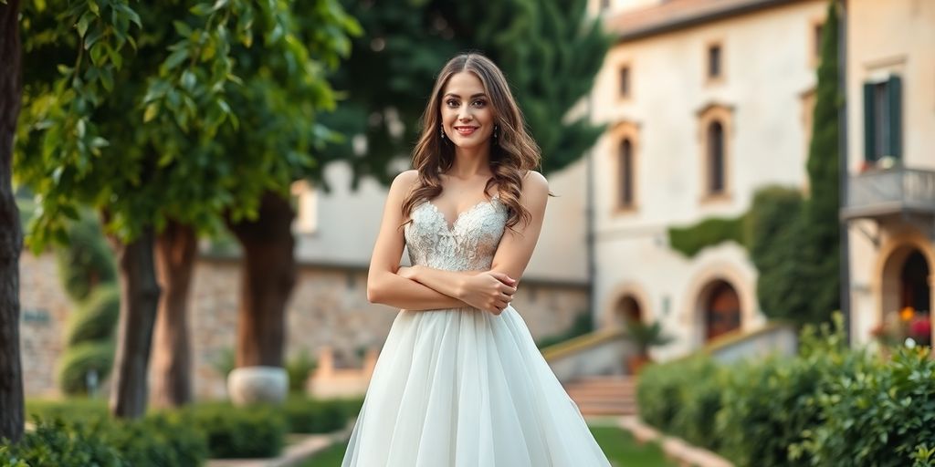 Willow Stefanovic, rochie elegantă, nuntă italiană, peisaj uimitor