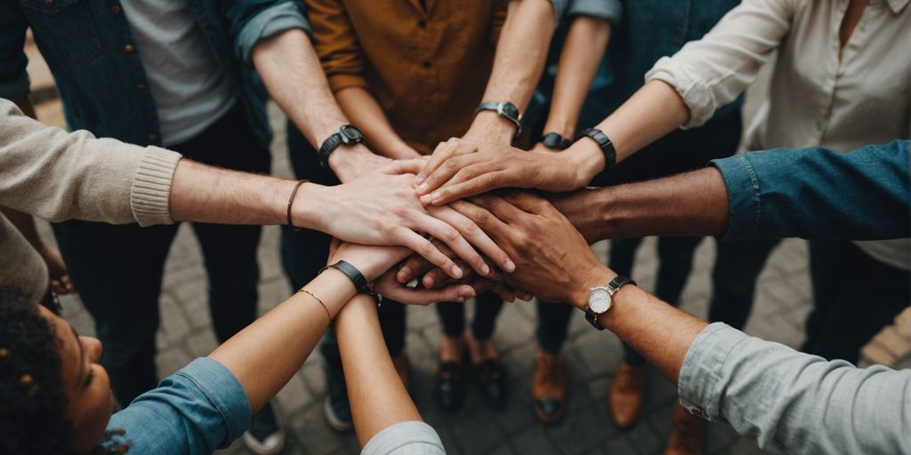 Group of people holding hands, symbolizing unity in relationships.