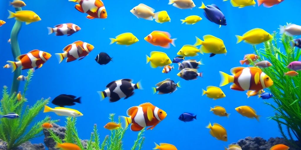 Colorful saltwater fish swimming in a clear aquarium.