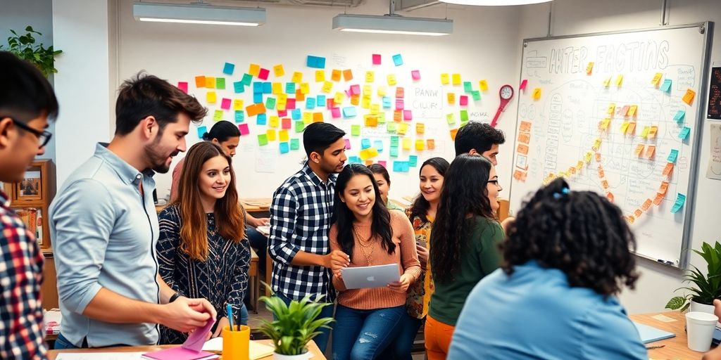 Diverse team collaborating in a vibrant startup workspace.