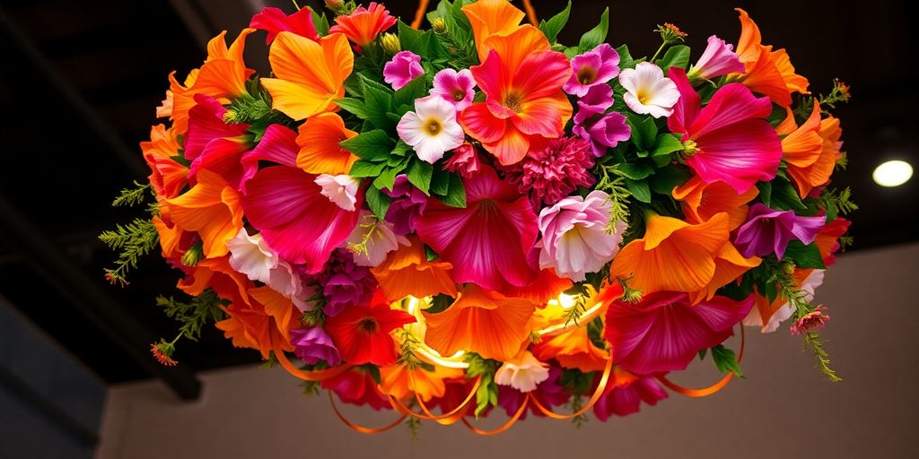 Floral chandelier with colorful blooms and greenery hanging elegantly.