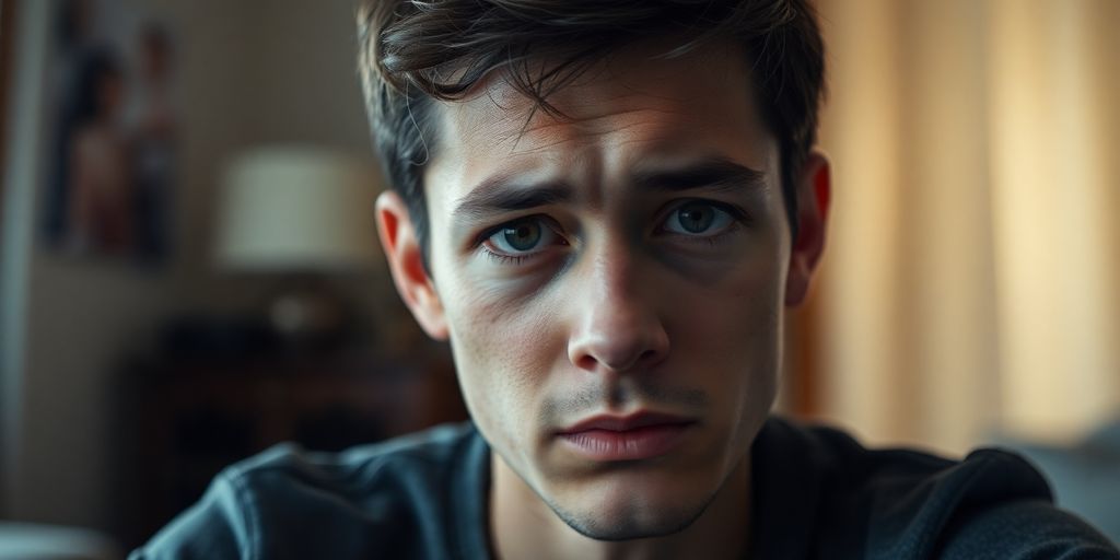 A worried person sitting alone in a softly lit room.