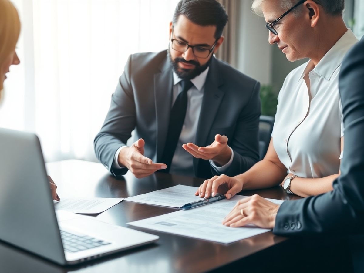 Avocat imobiliar discutând cu clienți în birou.