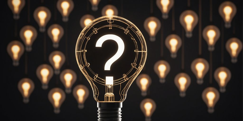 AI and ML icons with question marks and lightbulbs.