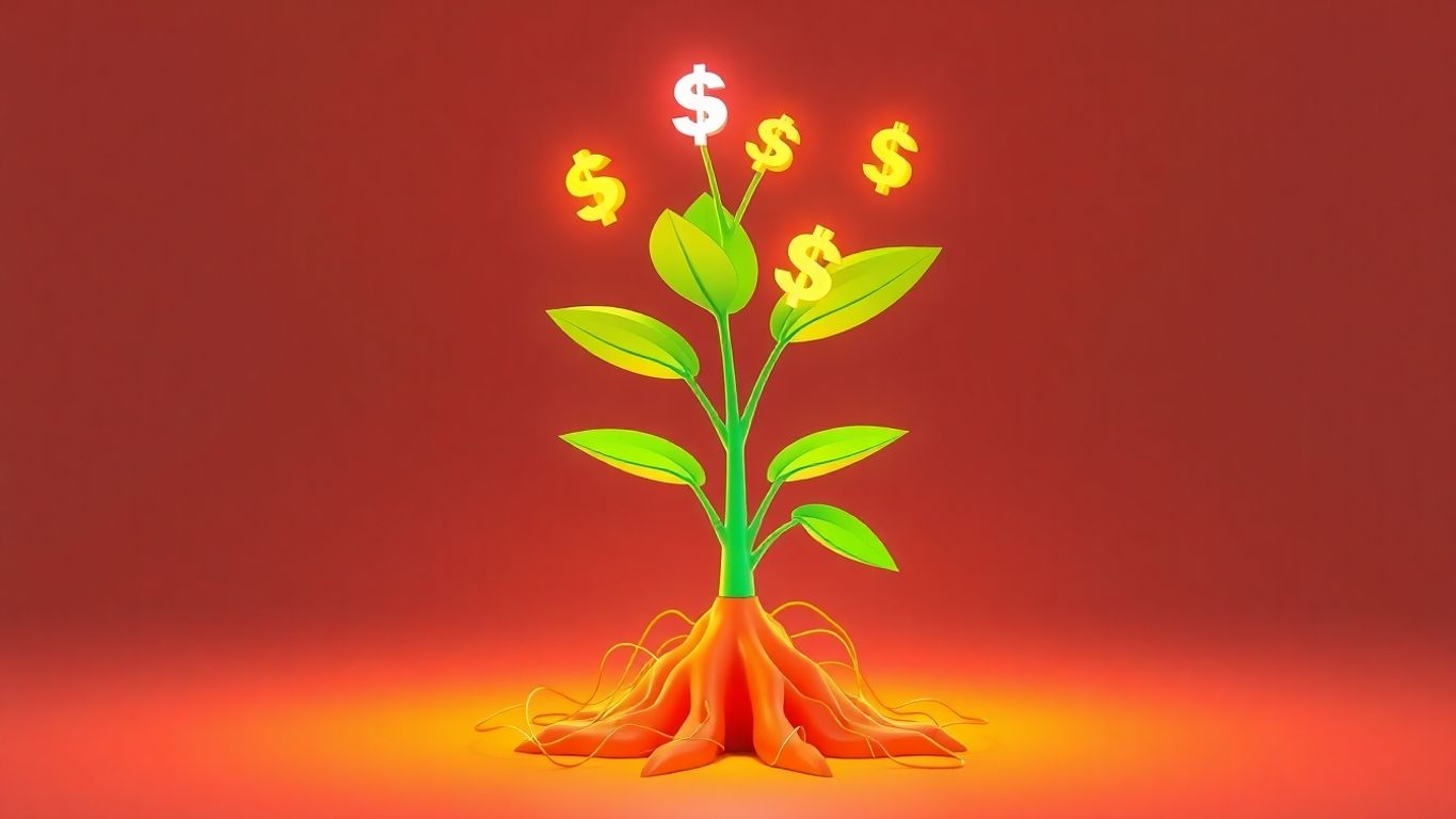 3D illustration of a growing plant with digital currency symbols.