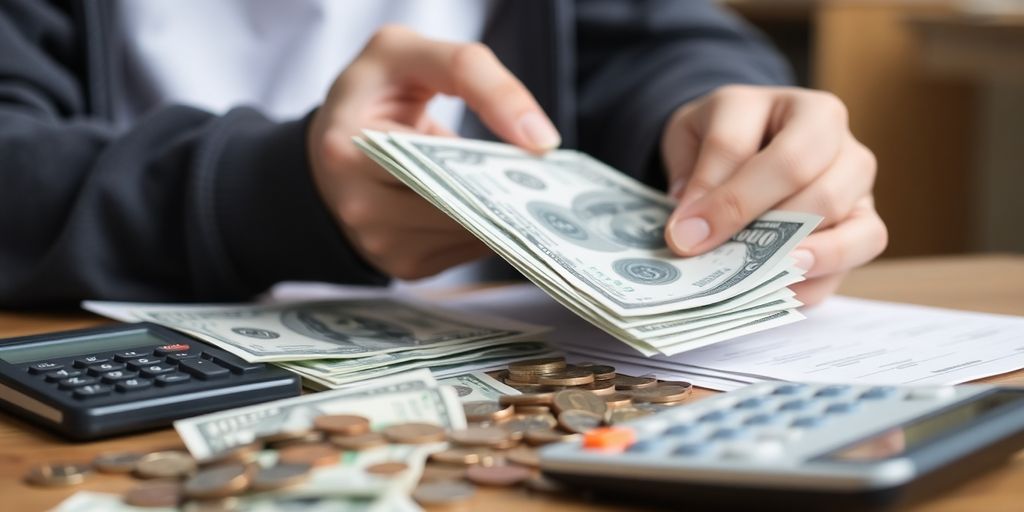 College student planning finances with bills and coins.
