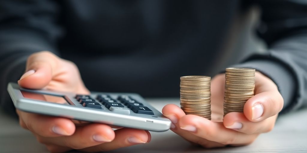 Pessoa segurando uma calculadora e moedas.