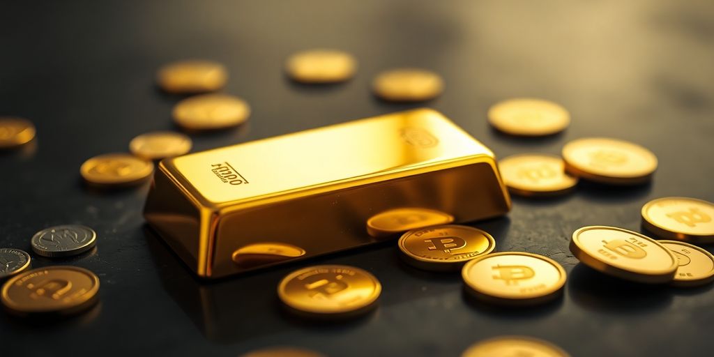 Barre d'or sur une surface sombre avec des pièces.
