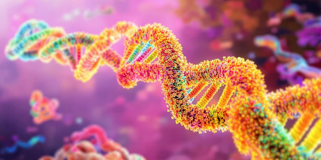Close-up of telomeres on chromosomes with colorful background.