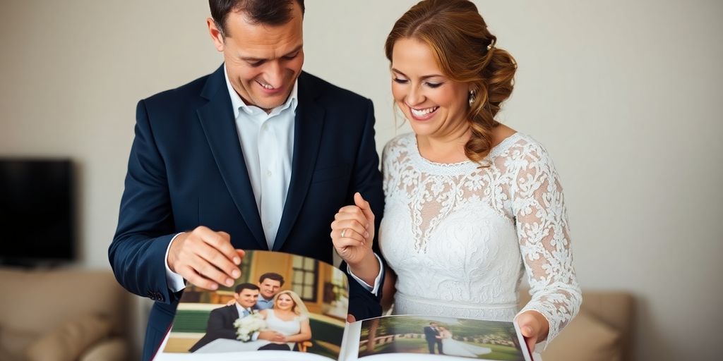 Couple smiling, holding hands, looking at wedding album.