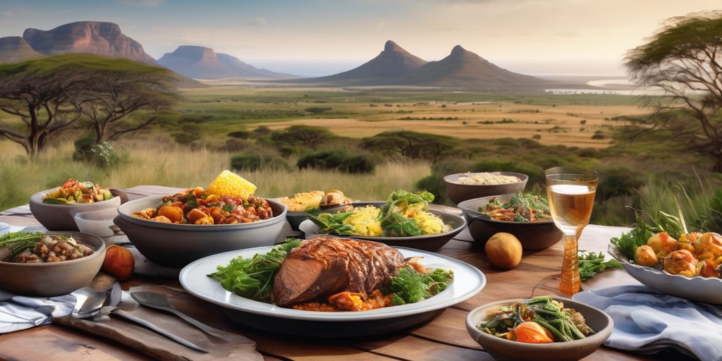 healthy South African meal on a table with scenic South African landscape in the background