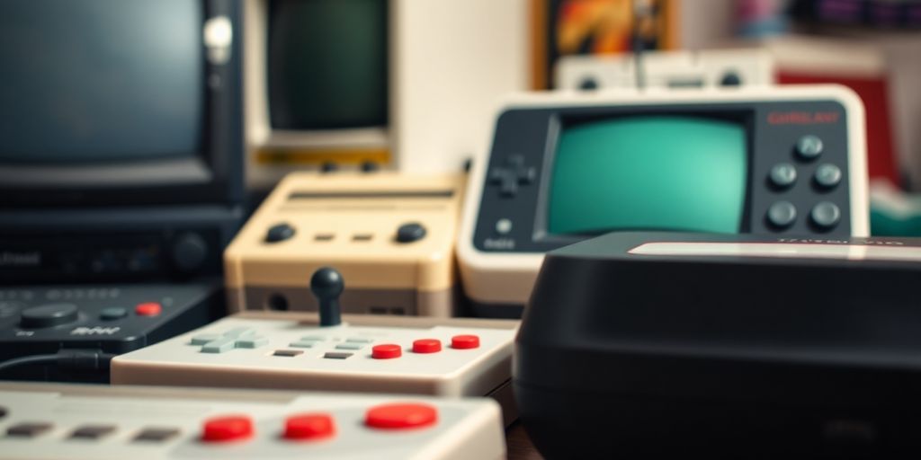Gros plan de diverses consoles de jeux vidéo rétro, jeux classiques.