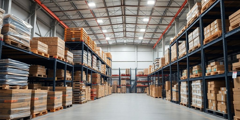 Modern warehouse interior with organized storage and pallets.