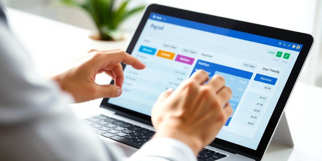 Person using payroll software on a laptop in office.