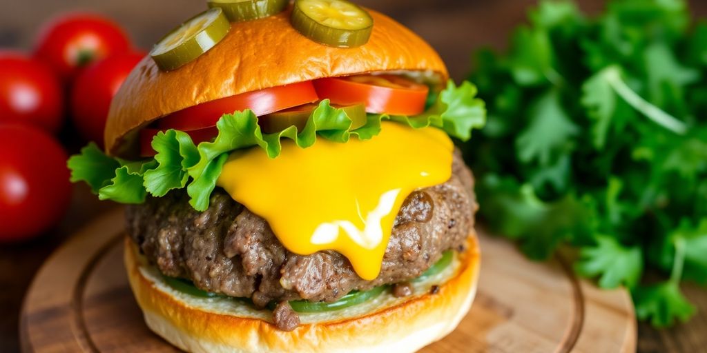 Hambúrguer suculento com queijo cheddar e vegetais frescos.