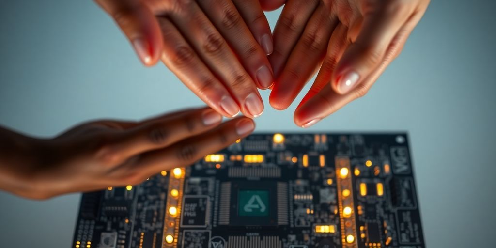 Hands connect over a glowing circuit board.
