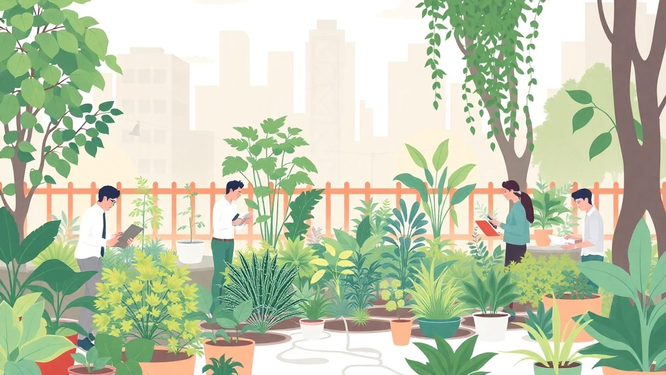 Næringshager med gründere og frodig grønn vegetasjon.