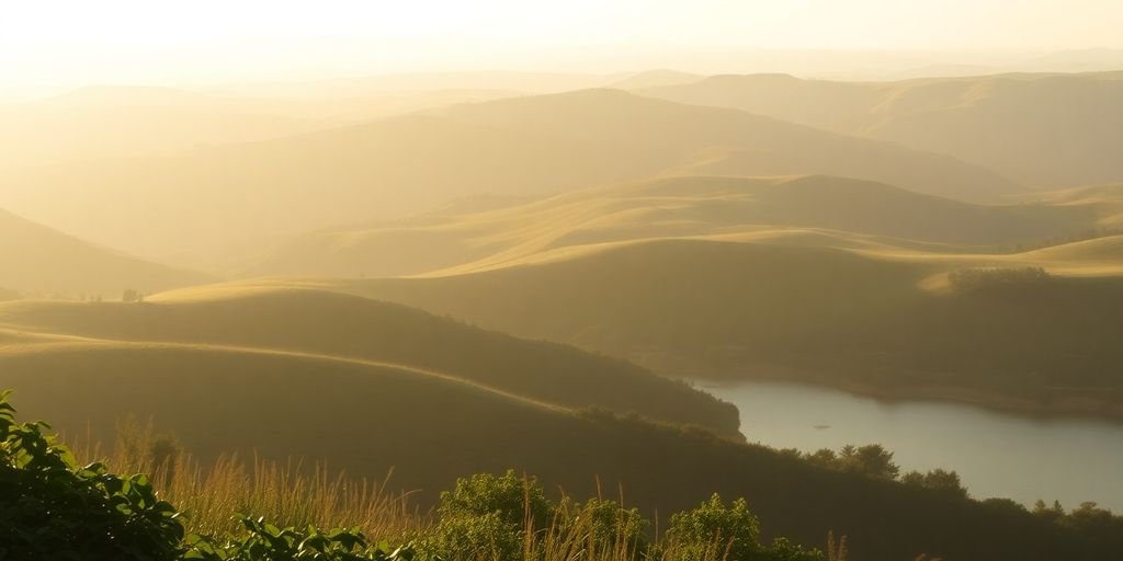 Peaceful rolling hills and calm water at golden hour.