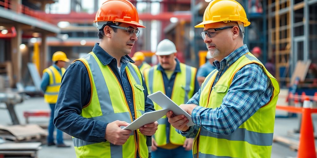 Contractor inspecting safety gear at a construction site.