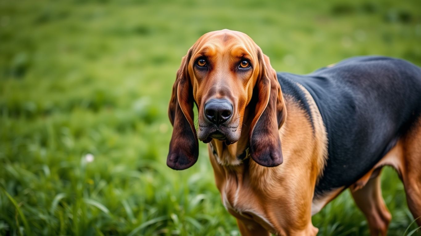 Photographic image of a Bloodhound in a green field.