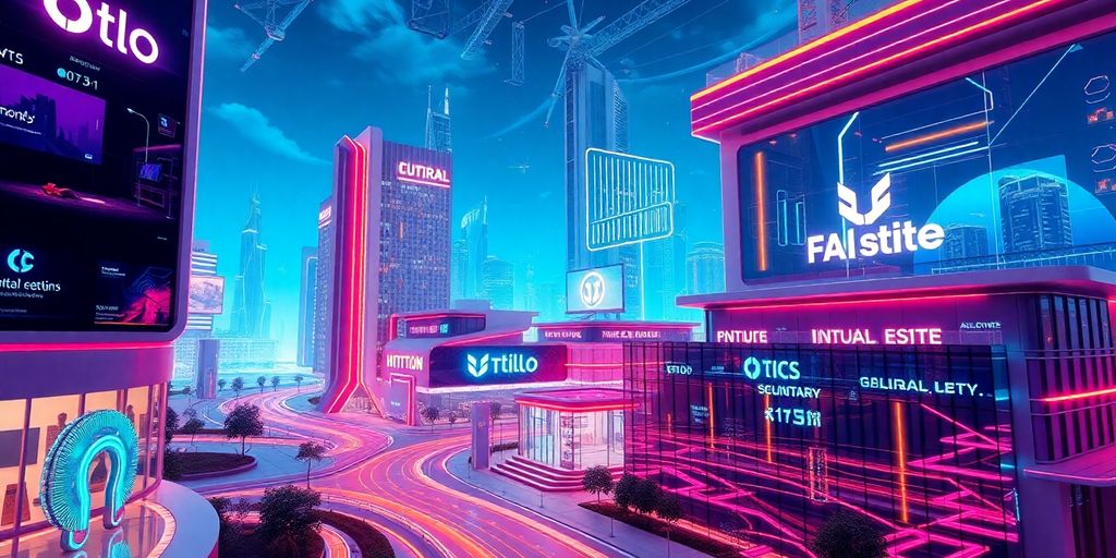 Futuristic 3D AI logos in a virtual real estate setting.