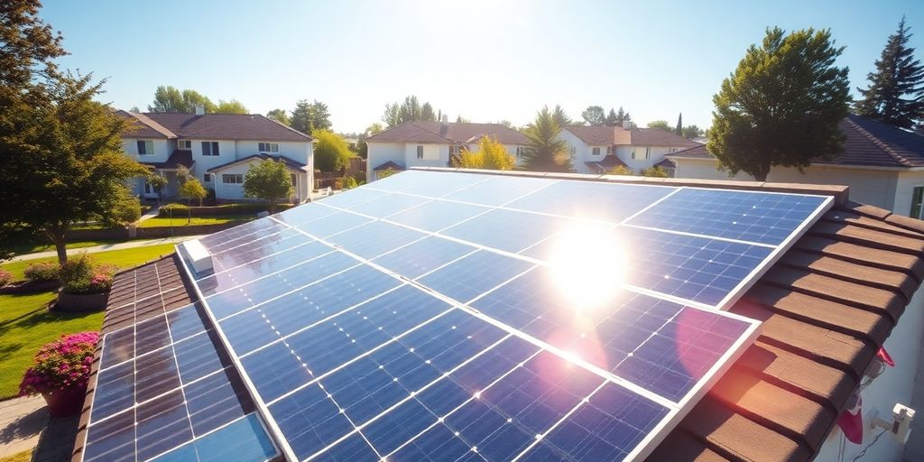 Sleek rooftop solar panels on a suburban home under sunlight