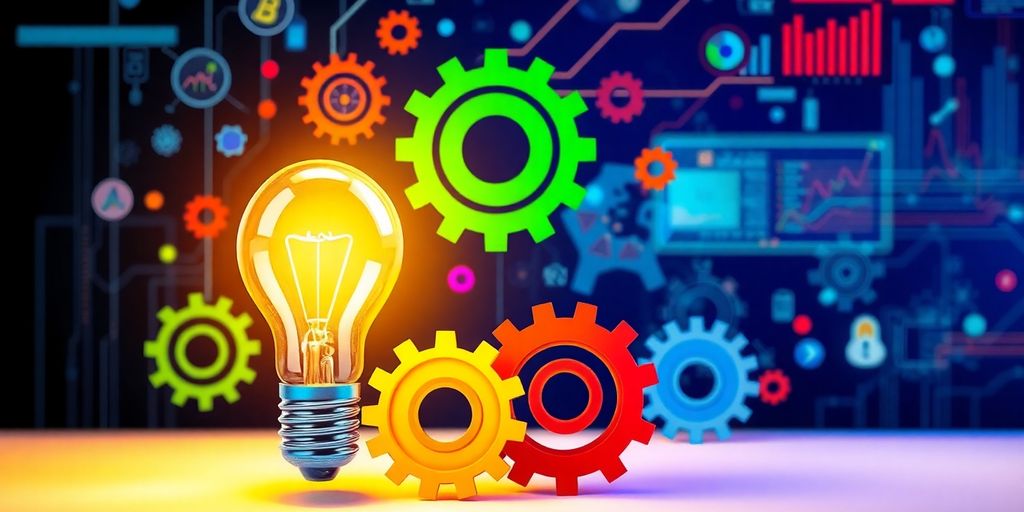 Light bulb and gears symbolizing creative thinking in technology.