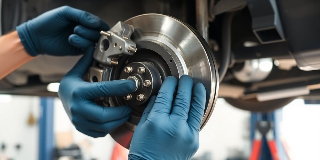 Mechanic's hands working on car brakes
