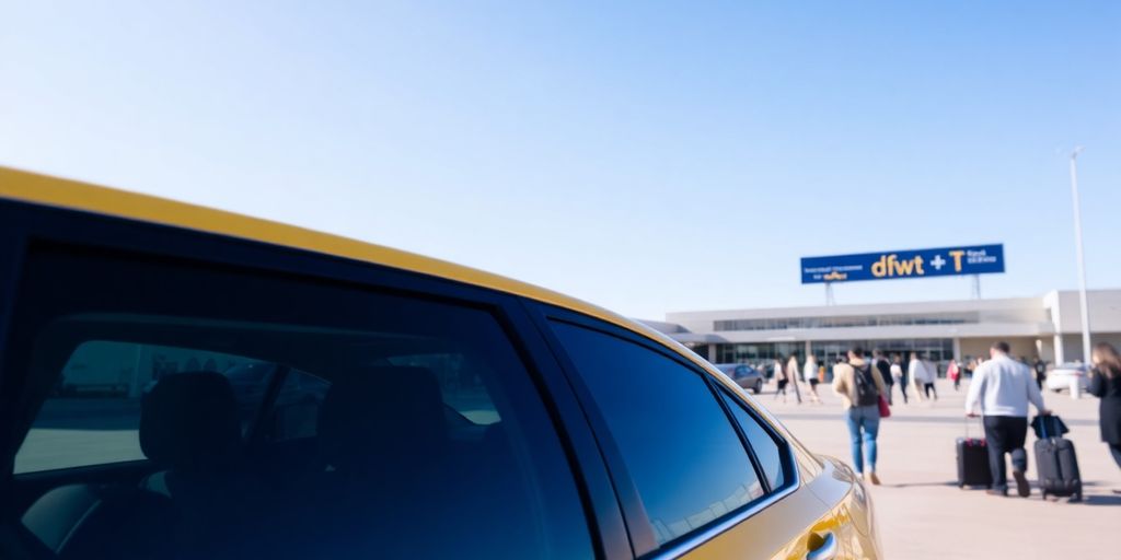 Yellow taxi cab at DFW airport terminal.