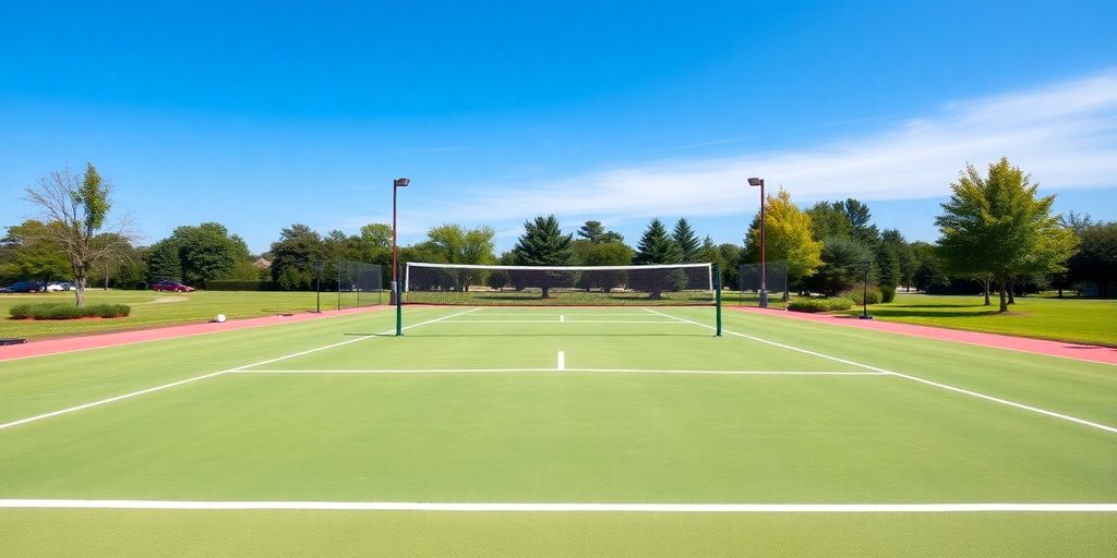 Newly built pickleball court with clear lines and net.