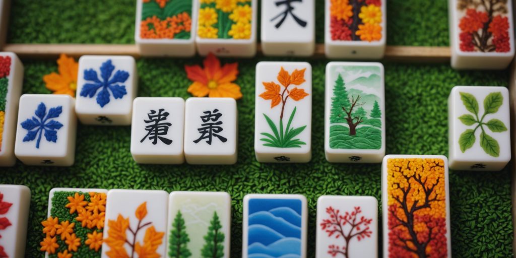 Mahjong season tiles: spring, summer, autumn, winter, each with unique symbols and colors representing the four seasons.