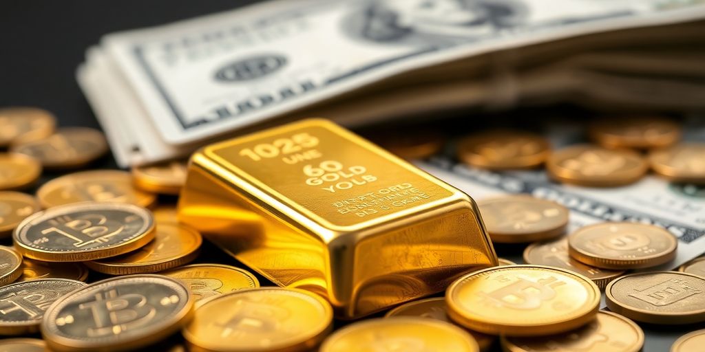 Lingot d'or, pièces et billet de dollar