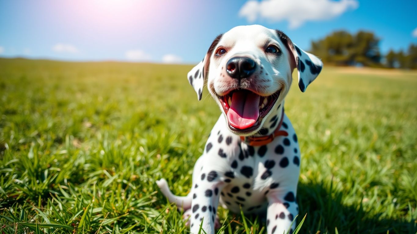 Playful Dalmatian puppy on grass under blue sky.