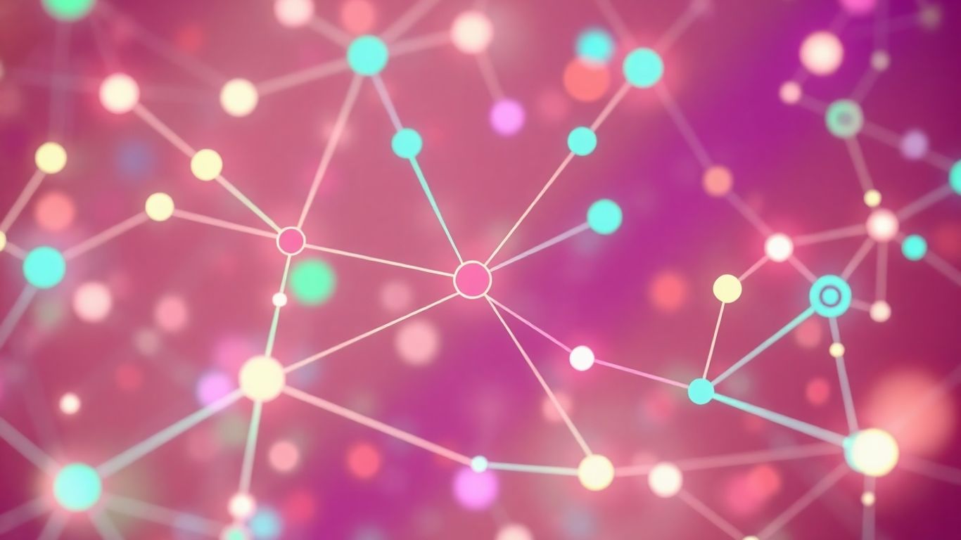 Interconnected nodes and abstract shapes in a digital network.