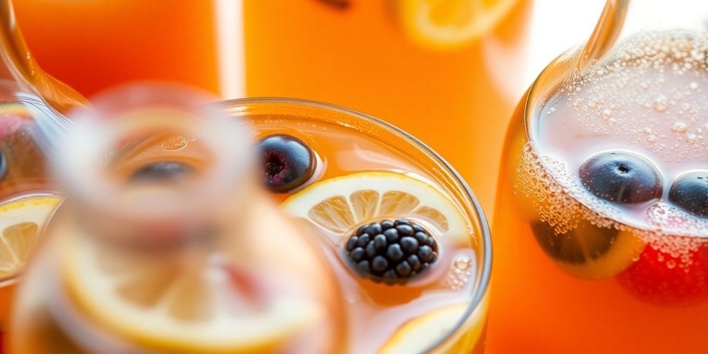 Bubbling kombucha in glass bottles with fruit.